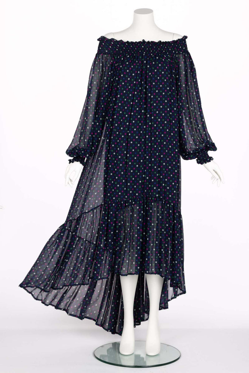 Vintage Saint Laurent Blue Polka Dot Off Shoulder Silk Dress YSL