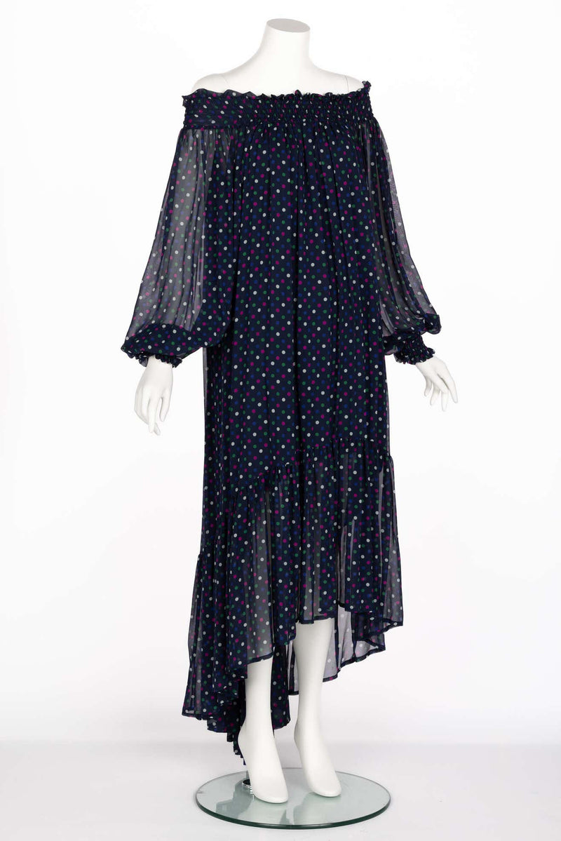 Vintage Saint Laurent Blue Polka Dot Off Shoulder Silk Dress YSL