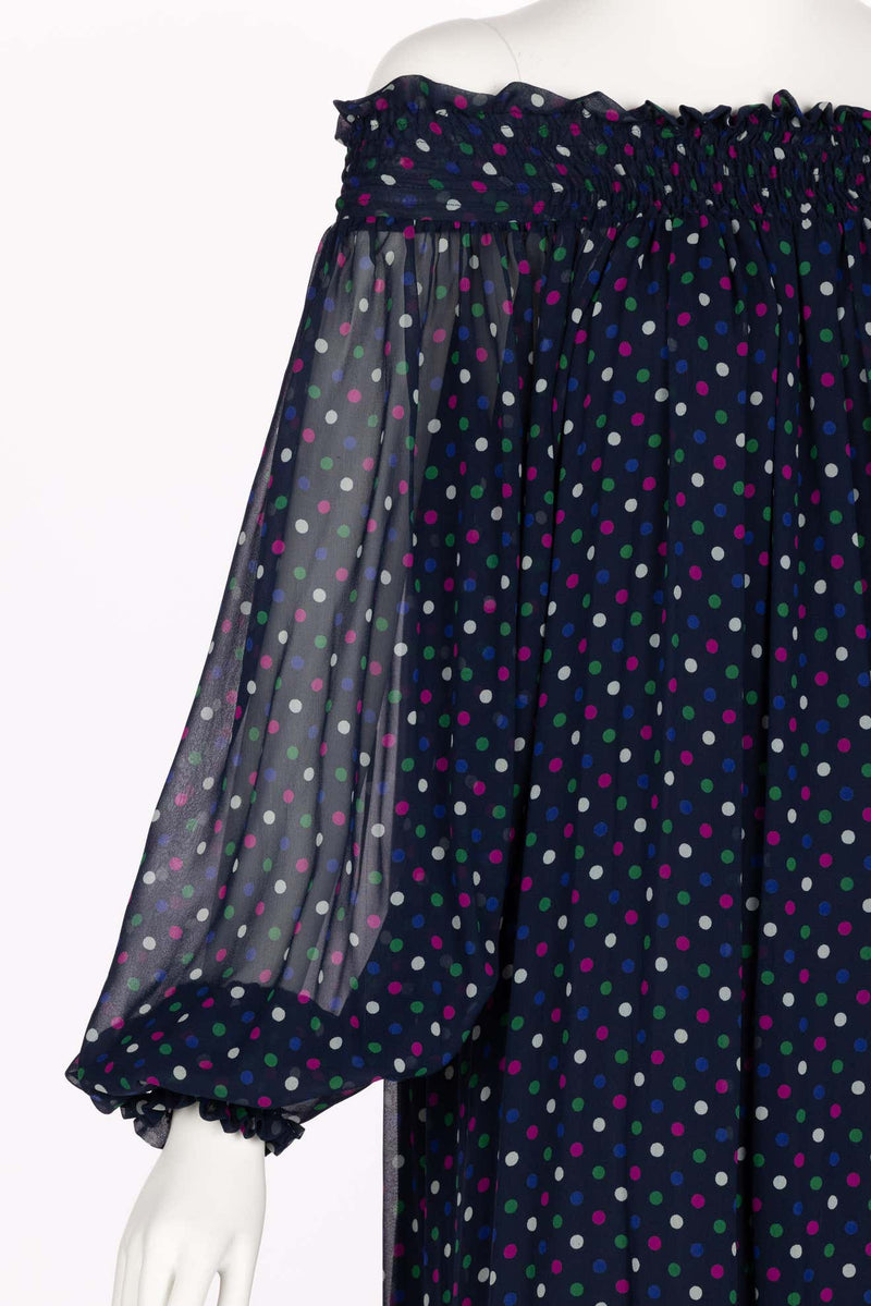 Vintage Saint Laurent Blue Polka Dot Off Shoulder Silk Dress YSL