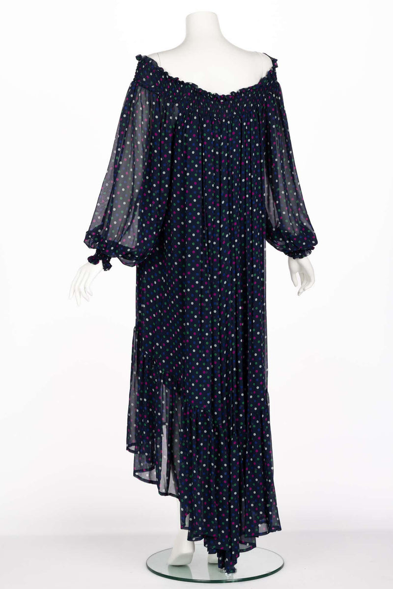 Vintage Saint Laurent Blue Polka Dot Off Shoulder Silk Dress YSL