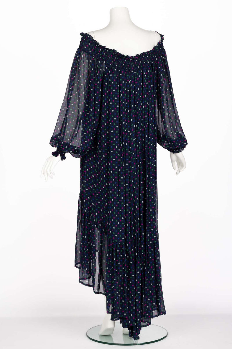 Saint Laurent Blue Polka Dot Off Shoulder Silk Dress YSL 1970s