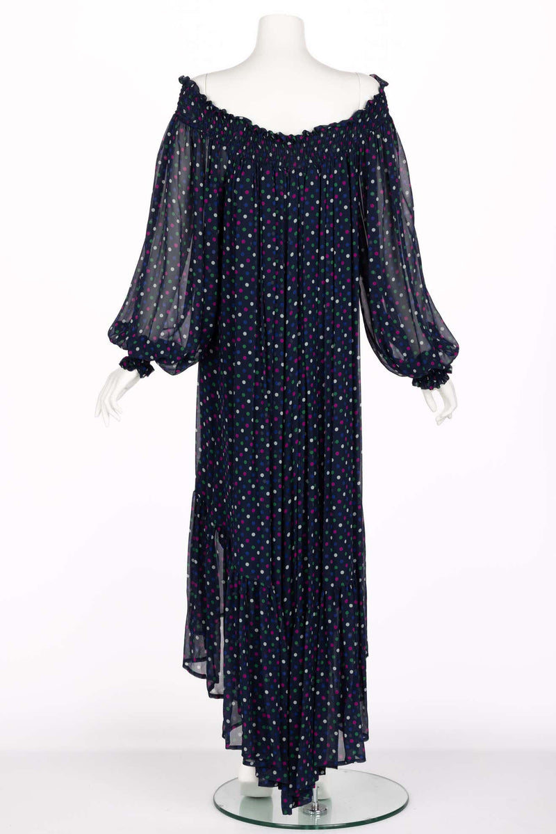 Vintage Saint Laurent Blue Polka Dot Off Shoulder Silk Dress YSL