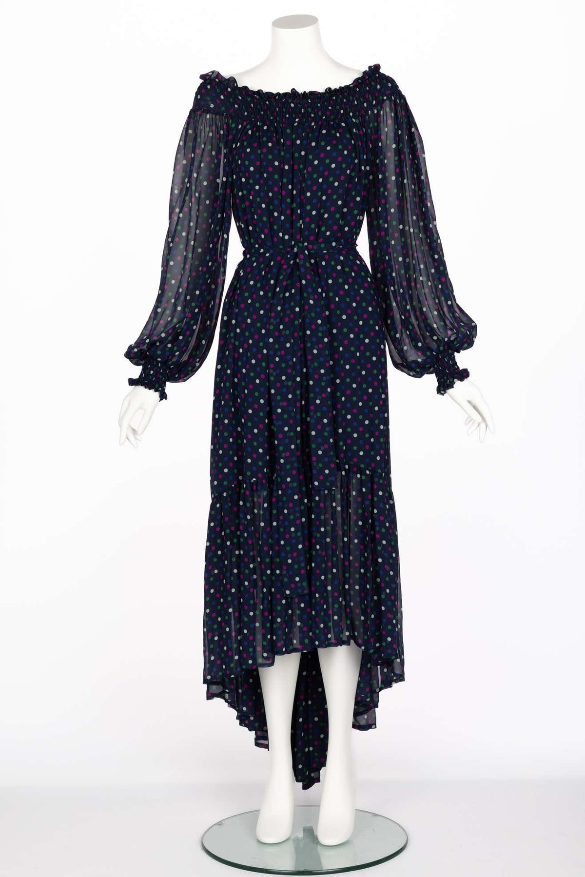Vintage Saint Laurent Blue Polka Dot Off Shoulder Silk Dress YSL Basha Gold
