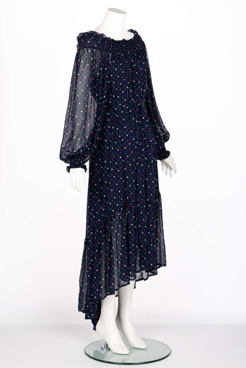 Vintage Saint Laurent Blue Polka Dot Off Shoulder Silk Dress YSL Basha Gold Vintage Saint Laurent Blue Polka Dot Off Shoulder Silk Dress YSL Basha Gold