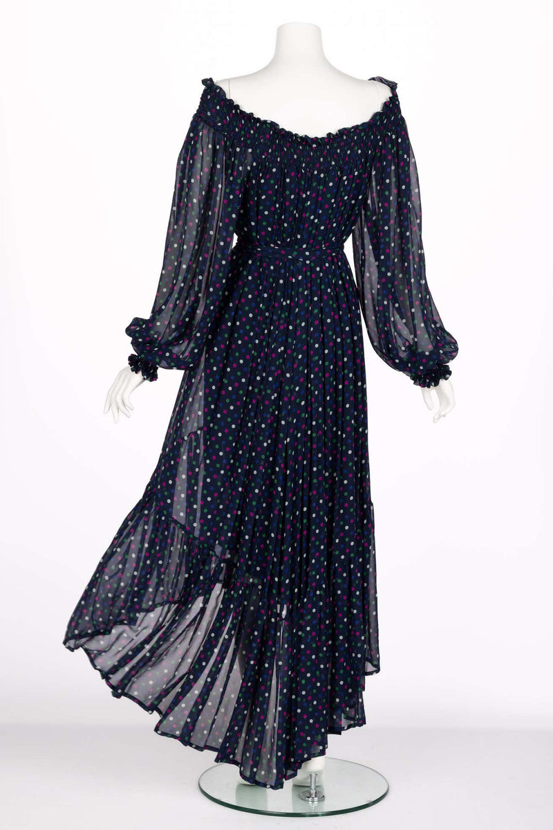 Vintage Saint Laurent Blue Polka Dot Off Shoulder Silk Dress YSL
