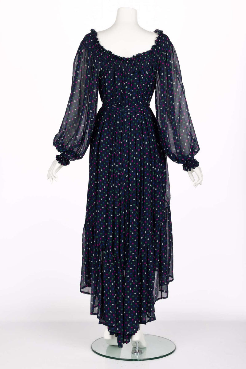 Vintage Saint Laurent Blue Polka Dot Off Shoulder Silk Dress YSL