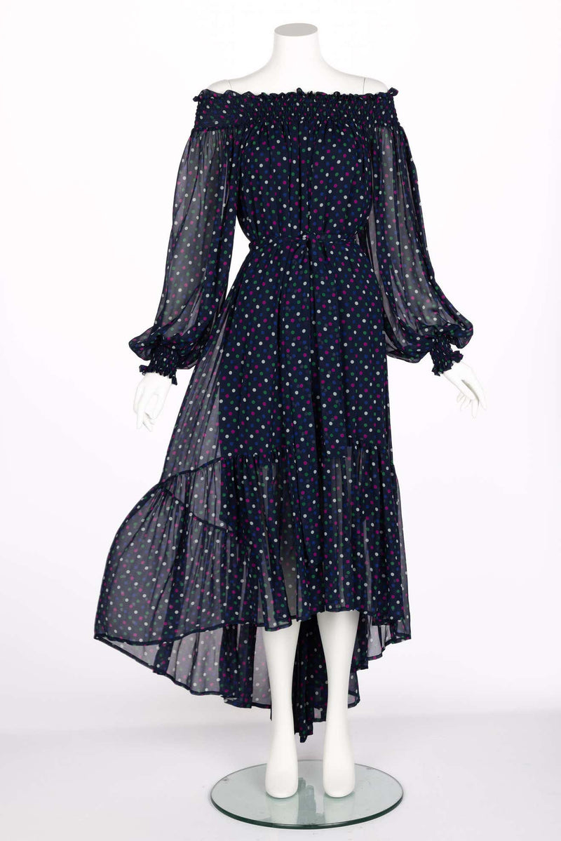 Vintage Saint Laurent Blue Polka Dot Off Shoulder Silk Dress YSL