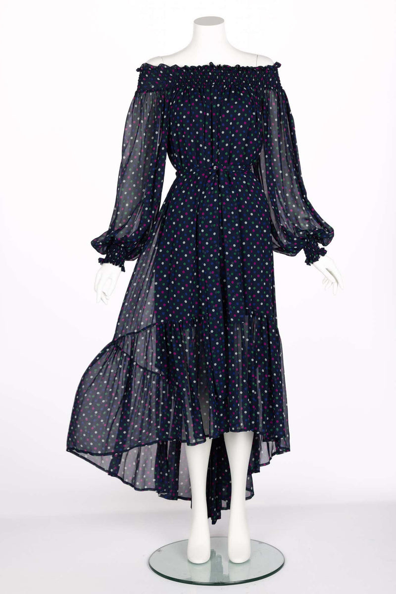 Saint Laurent Blue Polka Dot Off Shoulder Silk Dress YSL 1970s