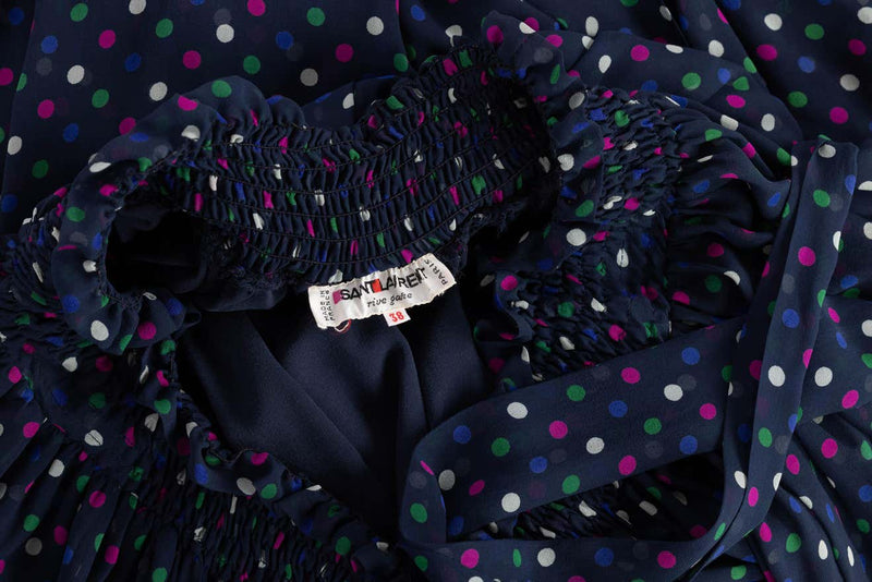 Vintage Saint Laurent Blue Polka Dot Off Shoulder Silk Dress YSL