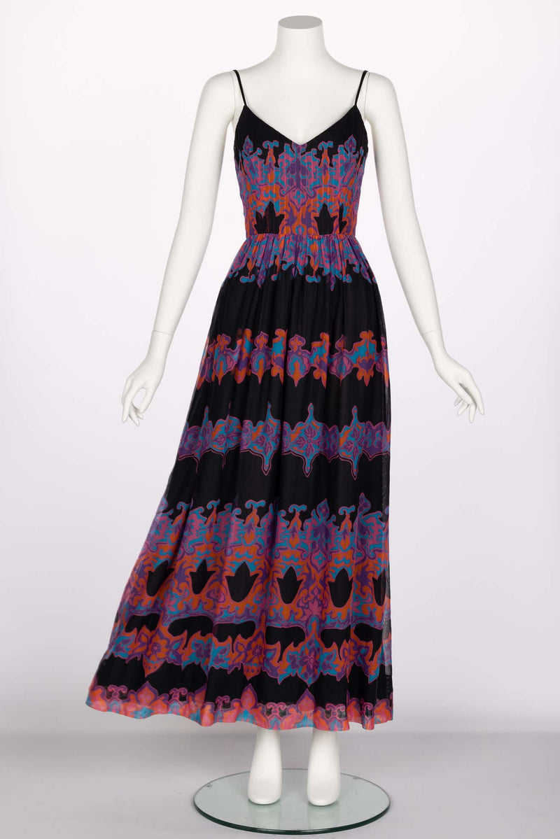 Pauline Trigère Cotton Silk Voile Black Vivid Print Sleeveless Dress, 1970s