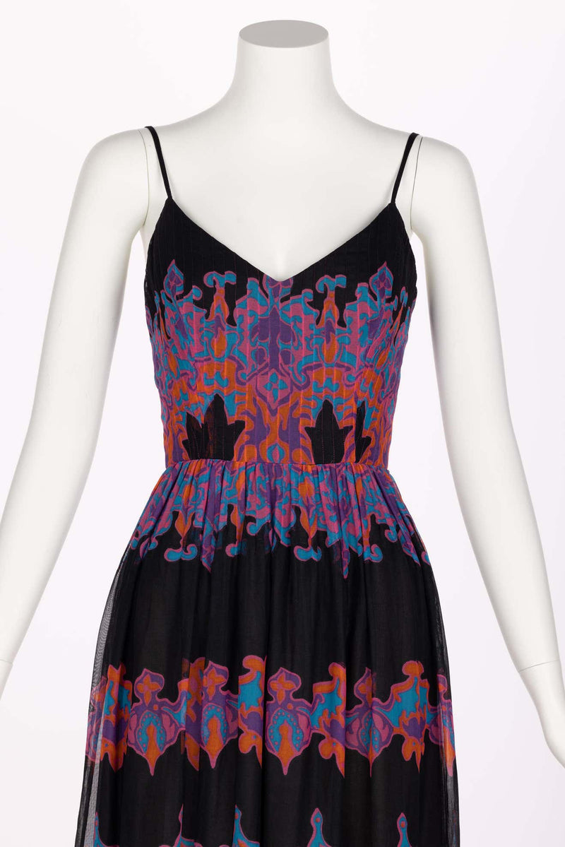 Pauline Trigère Cotton Silk Voile Black Vivid Print Sleeveless Dress, 1970s