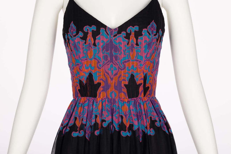 Pauline Trigère Cotton Silk Voile Black Vivid Print Sleeveless Dress, 1970s