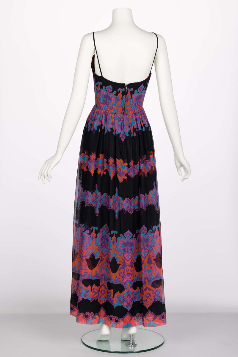 Pauline Trigère Cotton Silk Voile Black Vivid Print Sleeveless Dress, 1970s