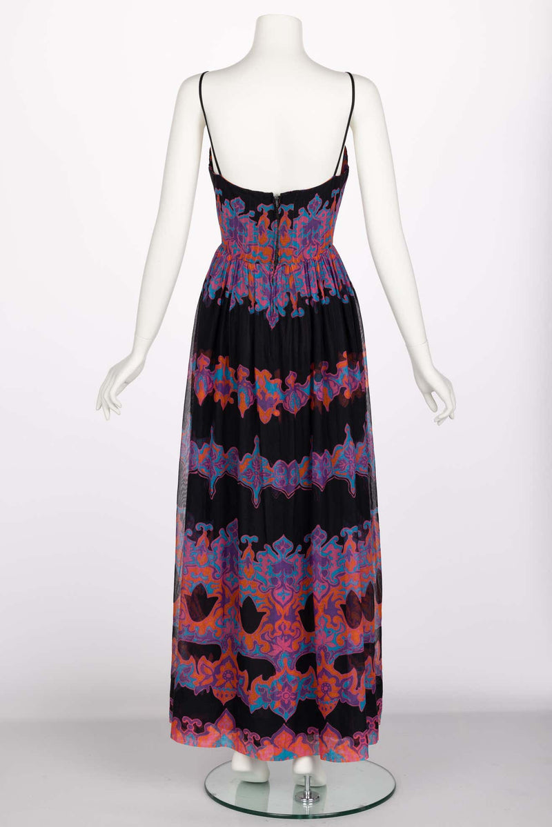 Pauline Trigère Cotton Silk Voile Black Vivid Print Sleeveless Dress, 1970s
