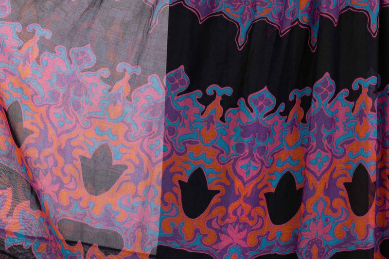 Pauline Trigère Cotton Silk Voile Black Vivid Print Sleeveless Dress, 1970s