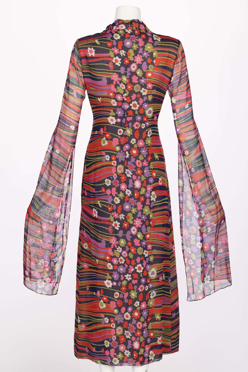 Pauline Trigère Abstract Floral Print Cotton Kimono Angel-Sleeve Dress, 1960s