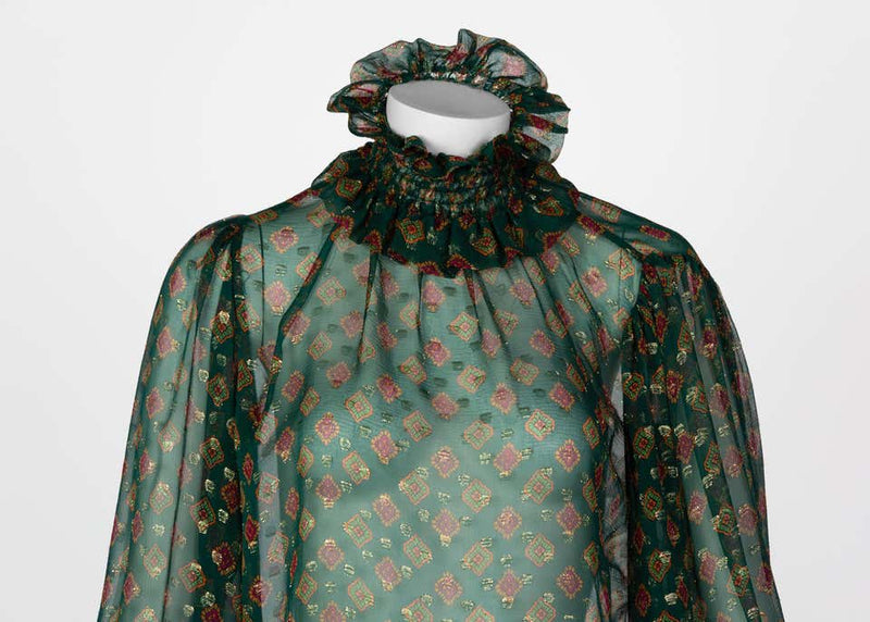 Saint Laurent Green Gold Print Silk Peasant Blouse YSL, 1970s