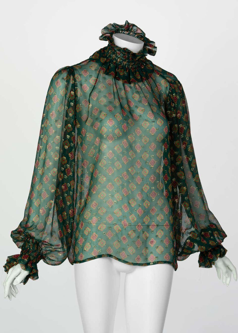 Saint Laurent Green Gold Print Silk Peasant Blouse YSL, 1970s