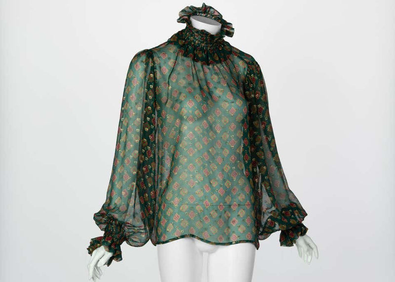 Saint Laurent Green Gold Print Silk Peasant Blouse YSL, 1970s