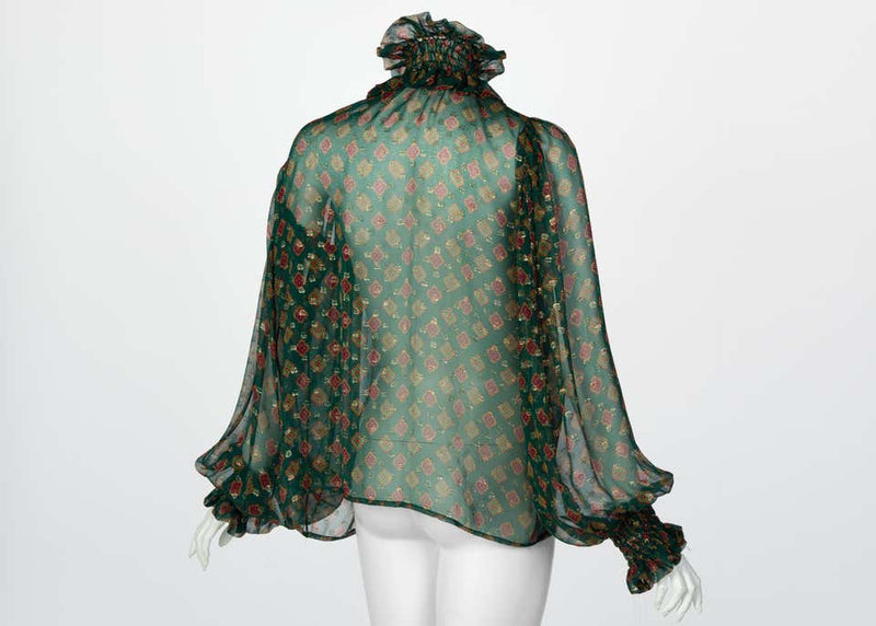 Saint Laurent Green Gold Print Silk Peasant Blouse YSL, 1970s