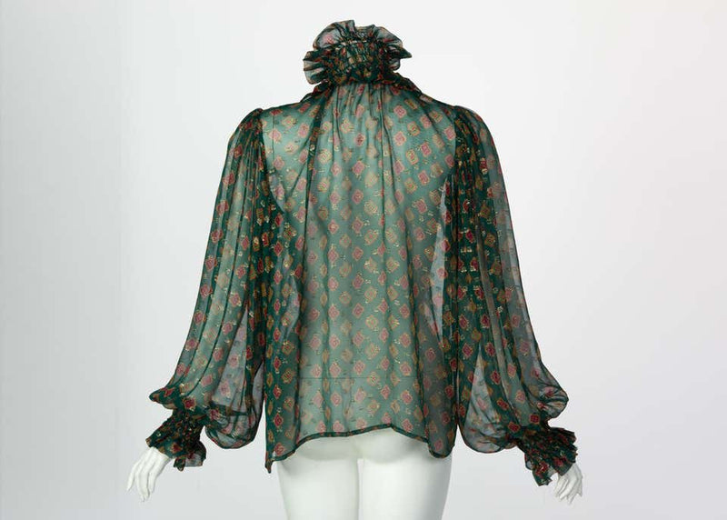 Saint Laurent Green Gold Print Silk Peasant Blouse YSL, 1970s