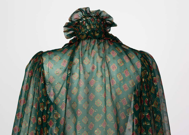 Saint Laurent Green Gold Print Silk Peasant Blouse YSL, 1970s