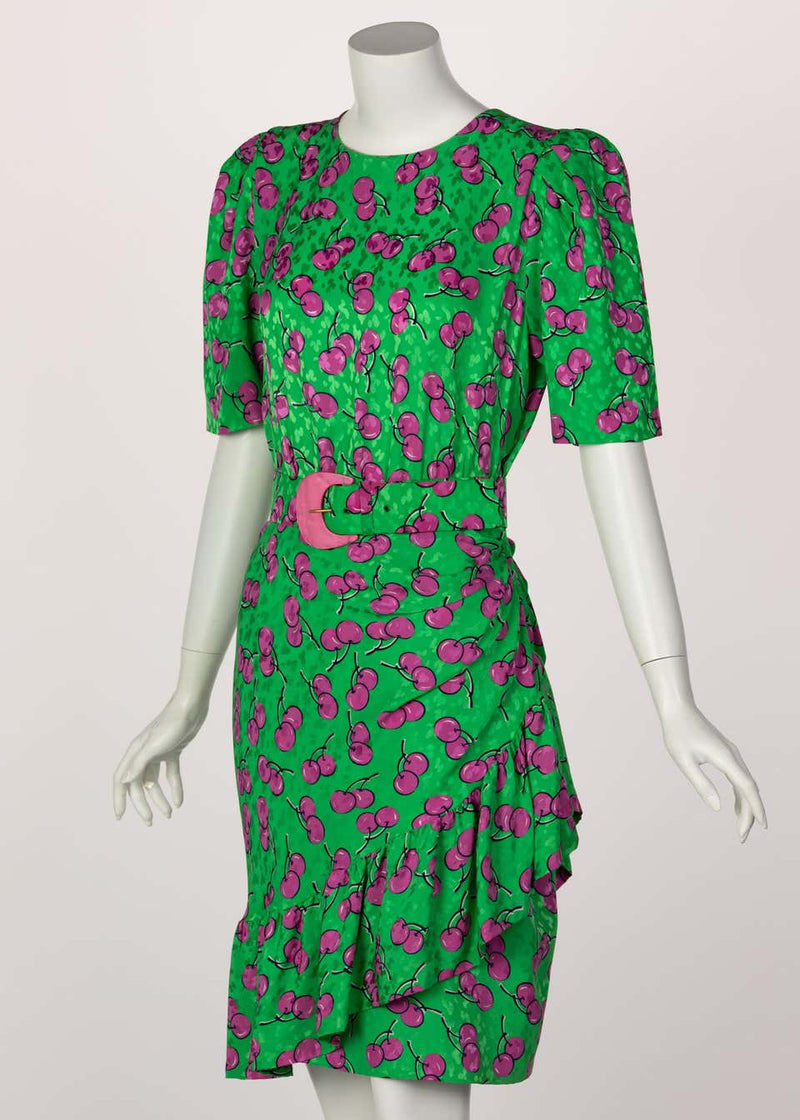 Givenchy Silk Green Cherry Print Cocktail Dress, 1980s