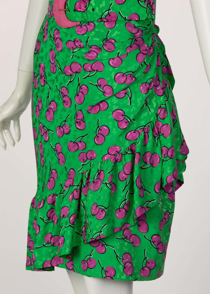 Givenchy Silk Green Cherry Print Cocktail Dress, 1980s