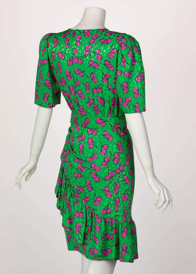 Givenchy Silk Green Cherry Print Cocktail Dress, 1980s