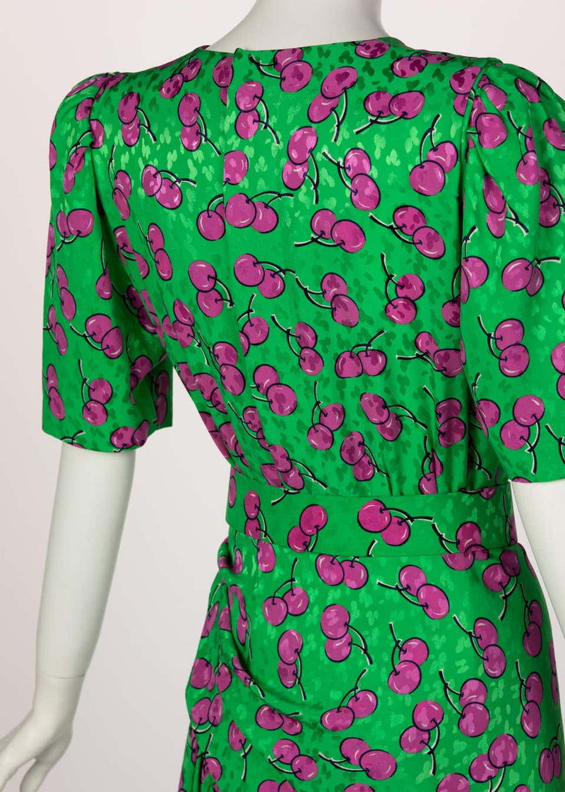 Givenchy Silk Green Cherry Print Cocktail Dress, 1980s