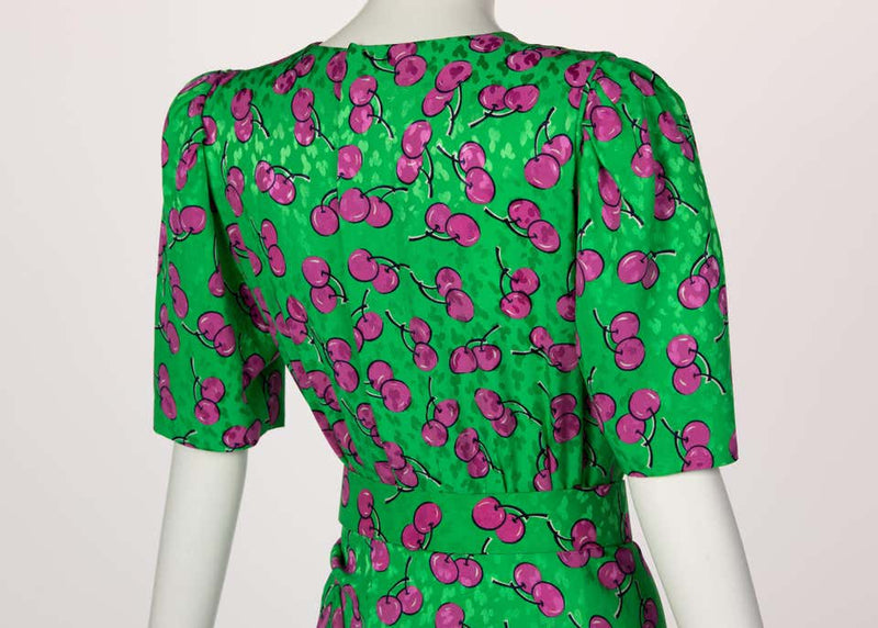 Givenchy Silk Green Cherry Print Cocktail Dress, 1980s