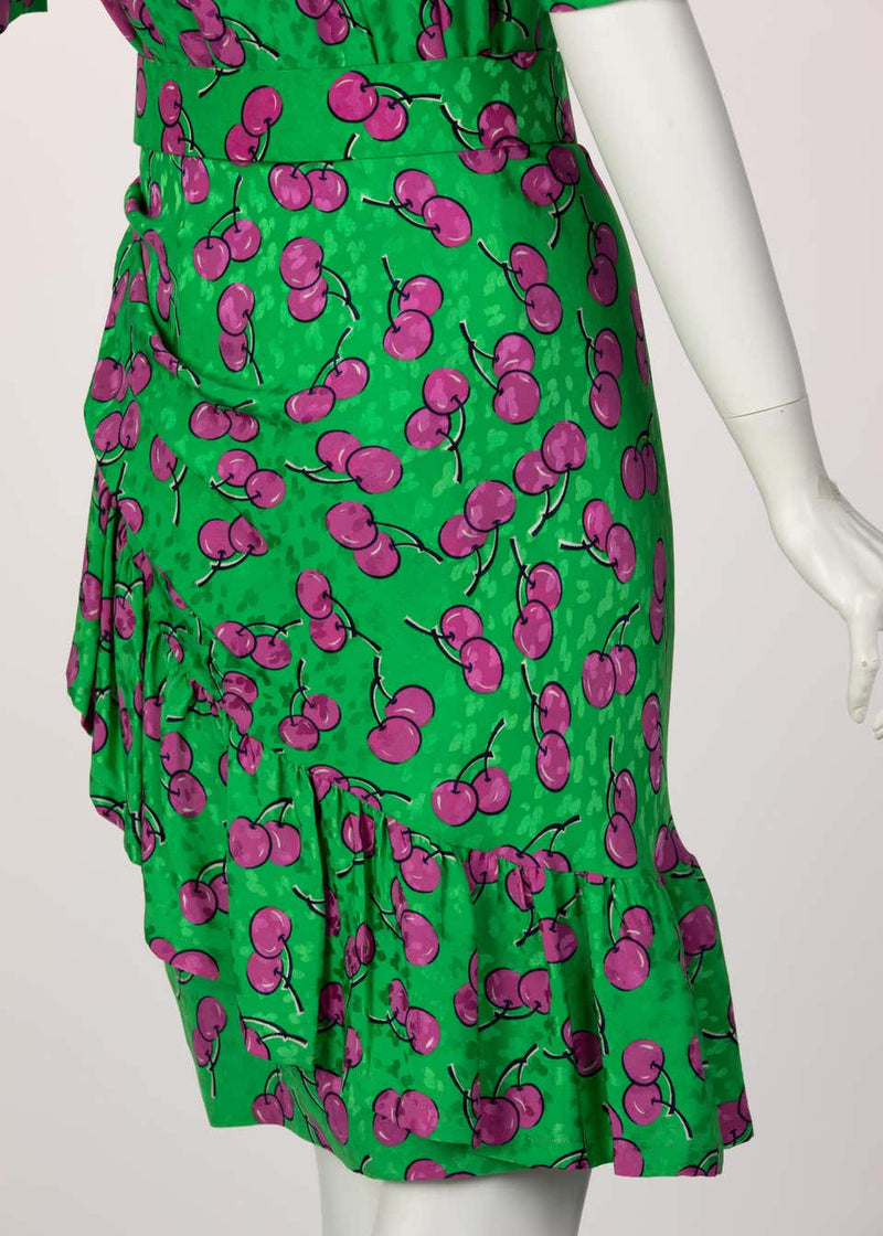 Givenchy Silk Green Cherry Print Cocktail Dress, 1980s