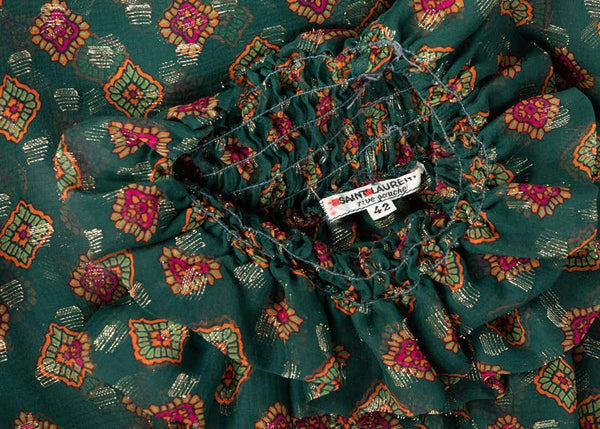 Saint Laurent Green Gold Print Silk Peasant Blouse YSL, 1970s