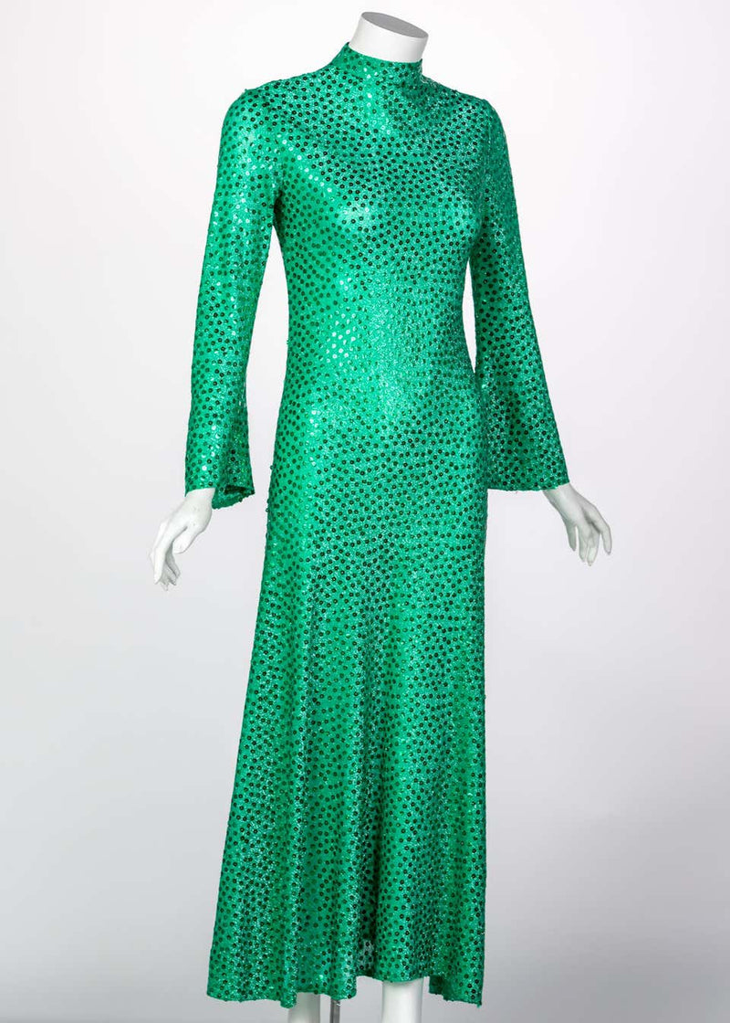 Mollie Parnis Emerald Green Mock Neck Sequin Dress, 1960s