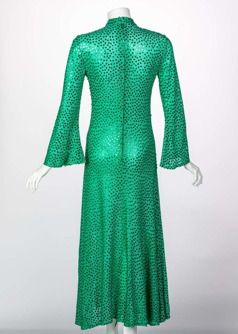 Mollie Parnis Emerald Green Mock Neck Sequin Dress, 1960s