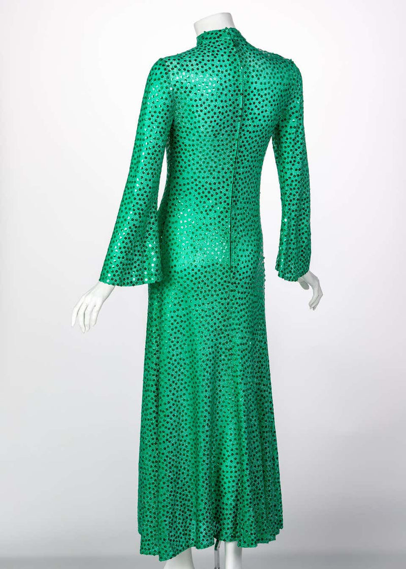 Mollie Parnis Emerald Green Mock Neck Sequin Dress, 1960s Mollie Parnis Emerald Green Mock Neck Sequin Dress, 1960s