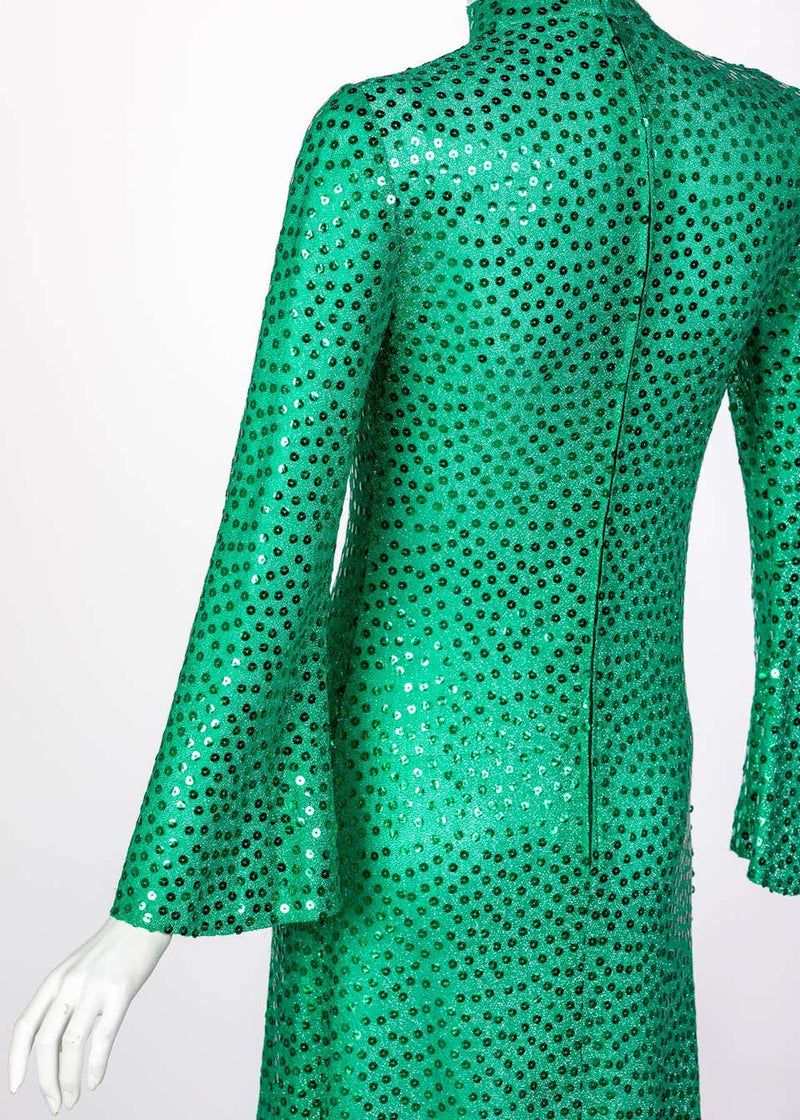 Mollie Parnis Emerald Green Mock Neck Sequin Dress, 1960s