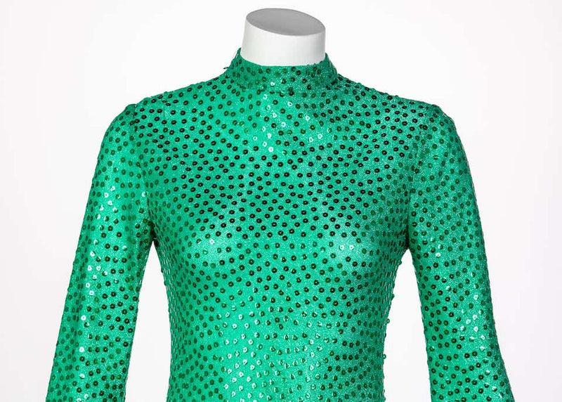 Mollie Parnis Emerald Green Mock Neck Sequin Dress, 1960s