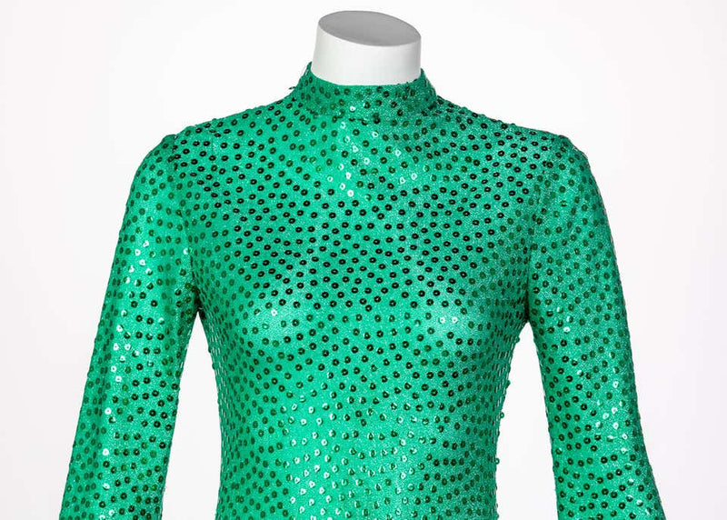 Mollie Parnis Emerald Green Mock Neck Sequin Dress, 1960s