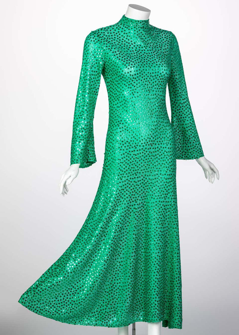 Mollie Parnis Emerald Green Mock Neck Sequin Dress, 1960s