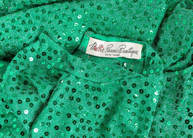 Mollie Parnis Emerald Green Mock Neck Sequin Dress, 1960s