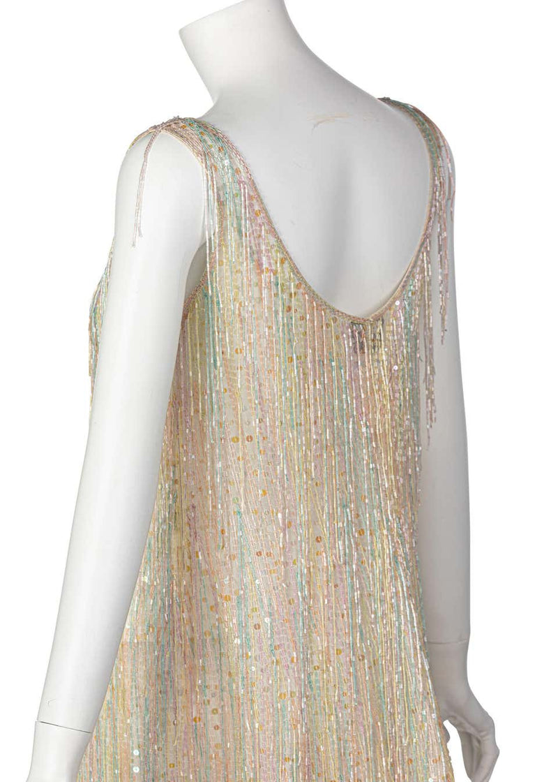 Halston Couture Pastel Rainbow Hand Beaded - Sequin Silk Dress Gown, 1970s