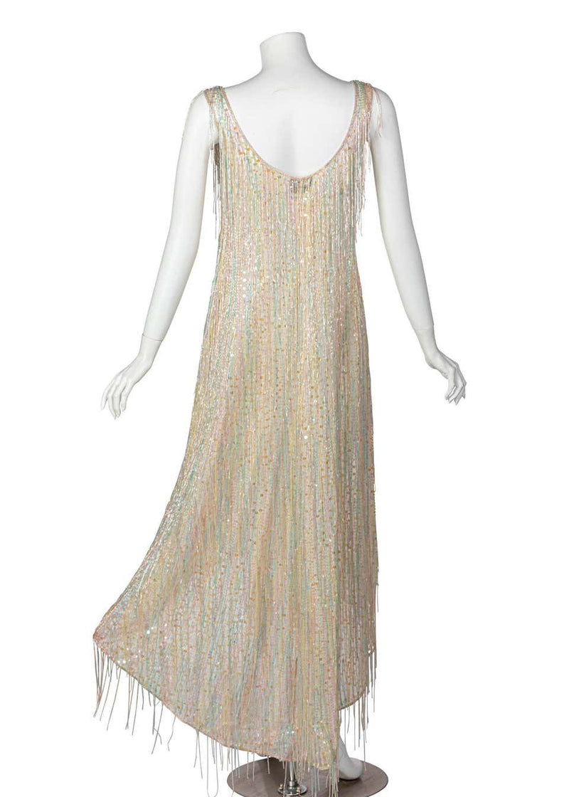 Halston Couture Pastel Rainbow Hand Beaded - Sequin Silk Dress Gown, 1970s
