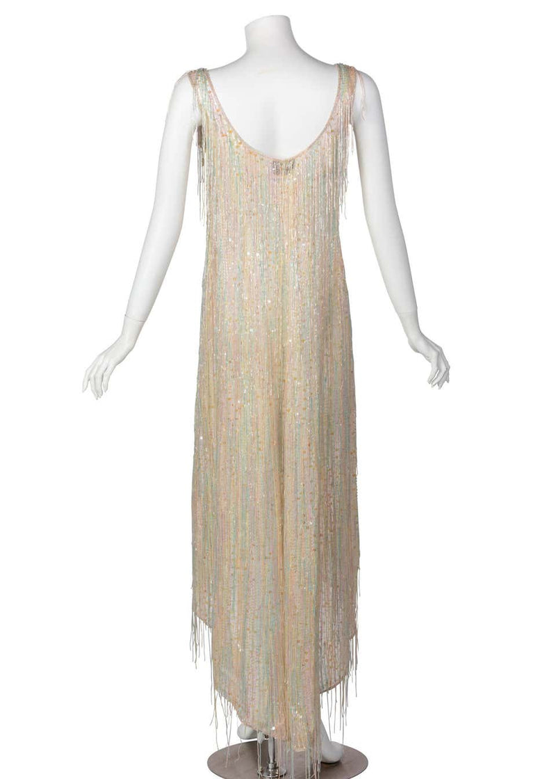 Halston Couture Pastel Rainbow Hand Beaded - Sequin Silk Dress Gown, 1970s