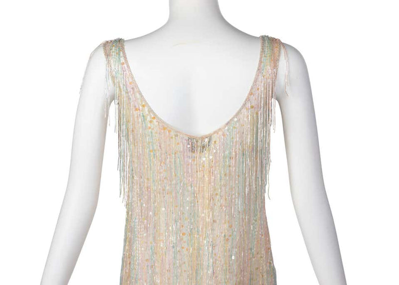 Halston Couture Pastel Rainbow Hand Beaded - Sequin Silk Dress Gown, 1970s