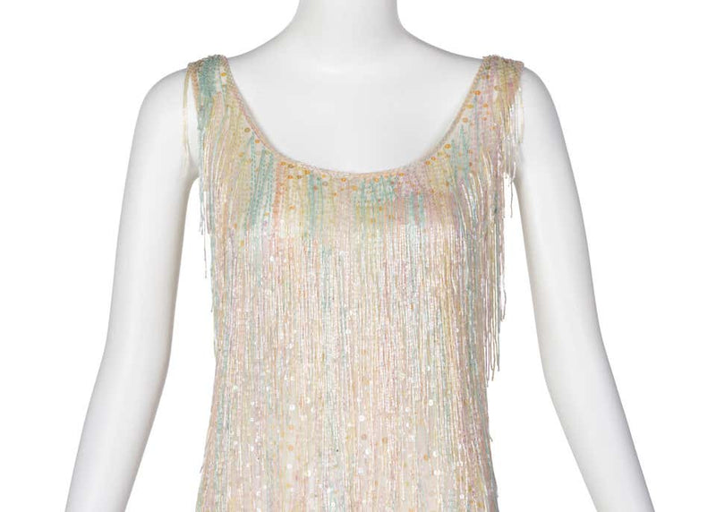 Halston Couture Pastel Rainbow Hand Beaded - Sequin Silk Dress Gown, 1970s