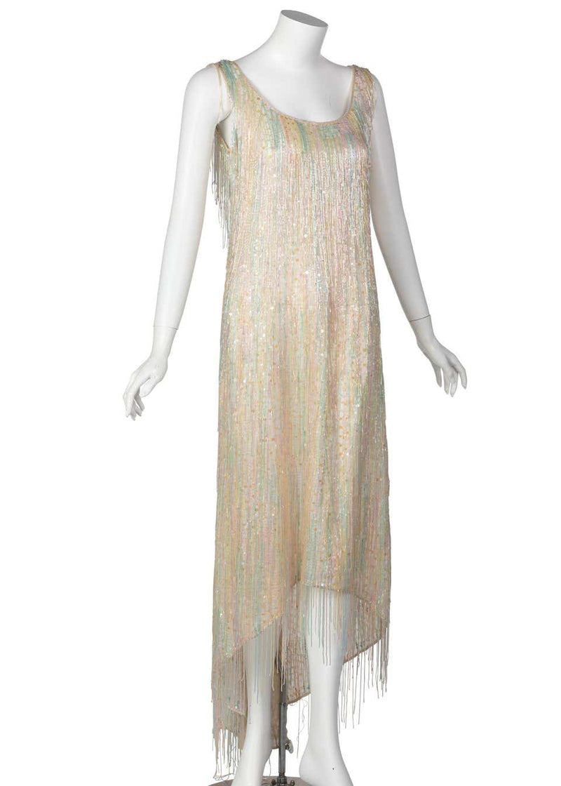 Halston Couture Pastel Rainbow Hand Beaded - Sequin Silk Dress Gown, 1970s
