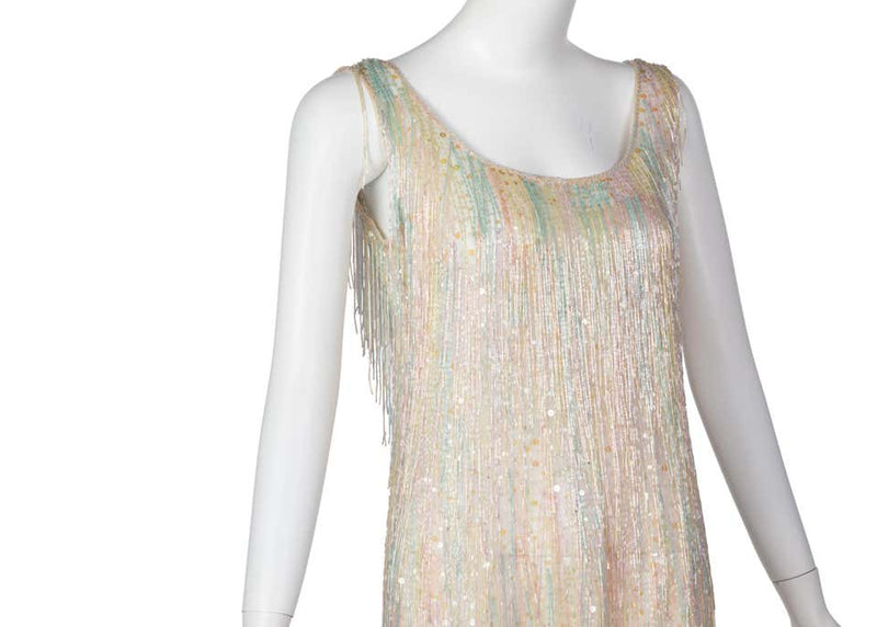 Halston Couture Pastel Rainbow Hand Beaded - Sequin Silk Dress Gown, 1970s