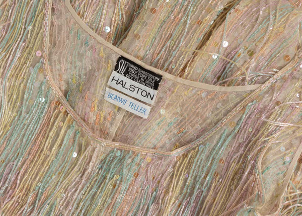 Halston Couture Pastel Rainbow Hand Beaded - Sequin Silk Dress Gown, 1970s