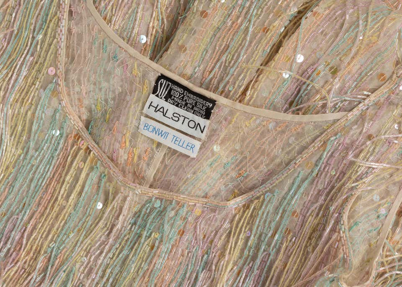 Halston Couture Pastel Rainbow Hand Beaded - Sequin Silk Dress Gown, 1970s